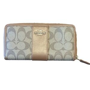 Coach Signature Coated Canvas Accordion Zip Around Wallet Tan Brown Gold Logo